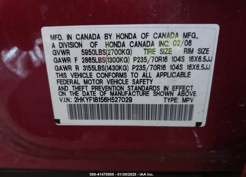 2006 HONDA PILOT LX VIN: 2HKYF18156H527029