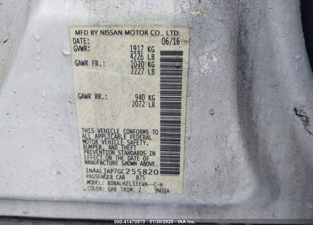 2016 NISSAN ALTIMA VIN: 1N4AL3AP7GC255820