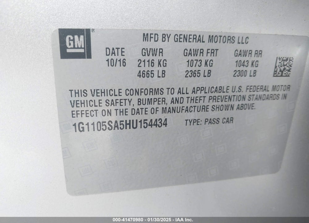 2017 CHEVROLET IMPALA 1LT VIN: 1G1105SA5HU154434