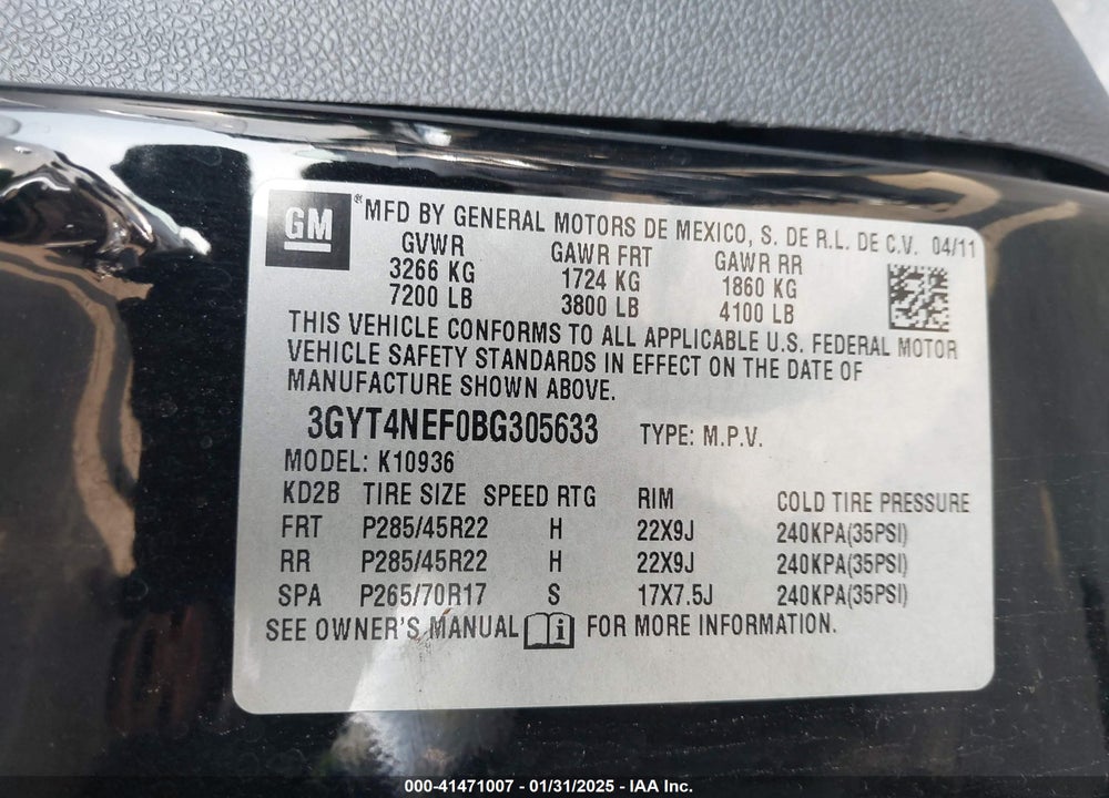2011 CADILLAC ESCALADE EXT PREMIUM VIN: 3GYT4NEF0BG305633