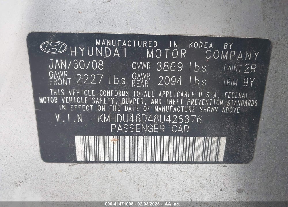 2008 HYUNDAI ELANTRA GLS/SE VIN: KMHDU46D48U426376