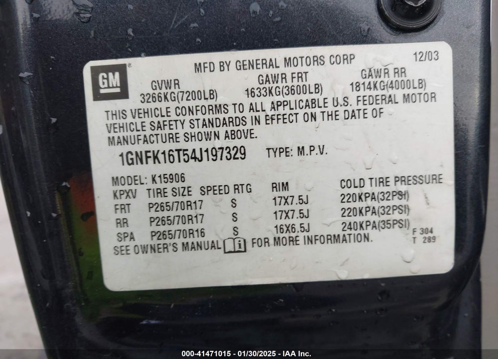 2004 CHEVROLET SUBURBAN 1500 LT VIN: 1GNFK16T54J197329