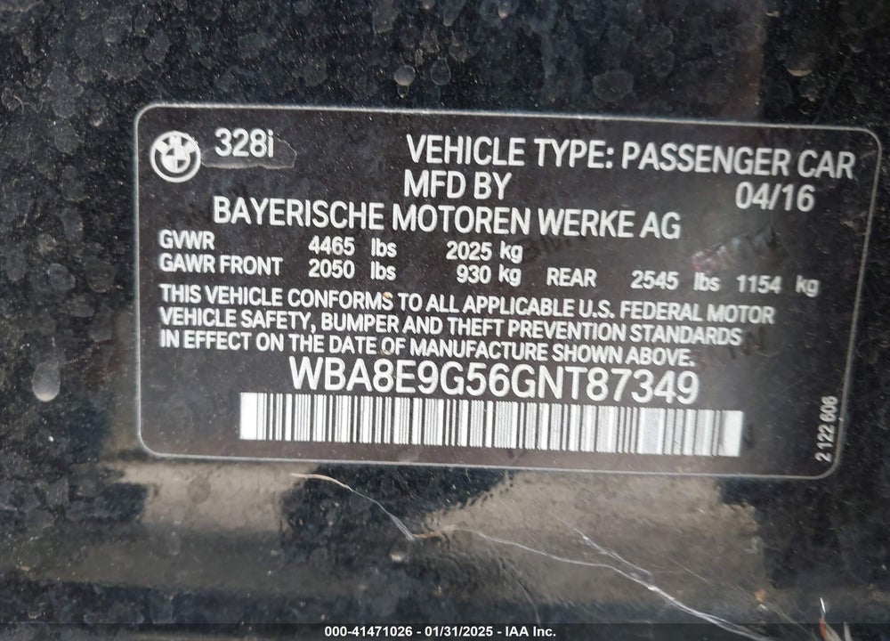 2016 BMW 328I VIN: WBA8E9G56GNT87349