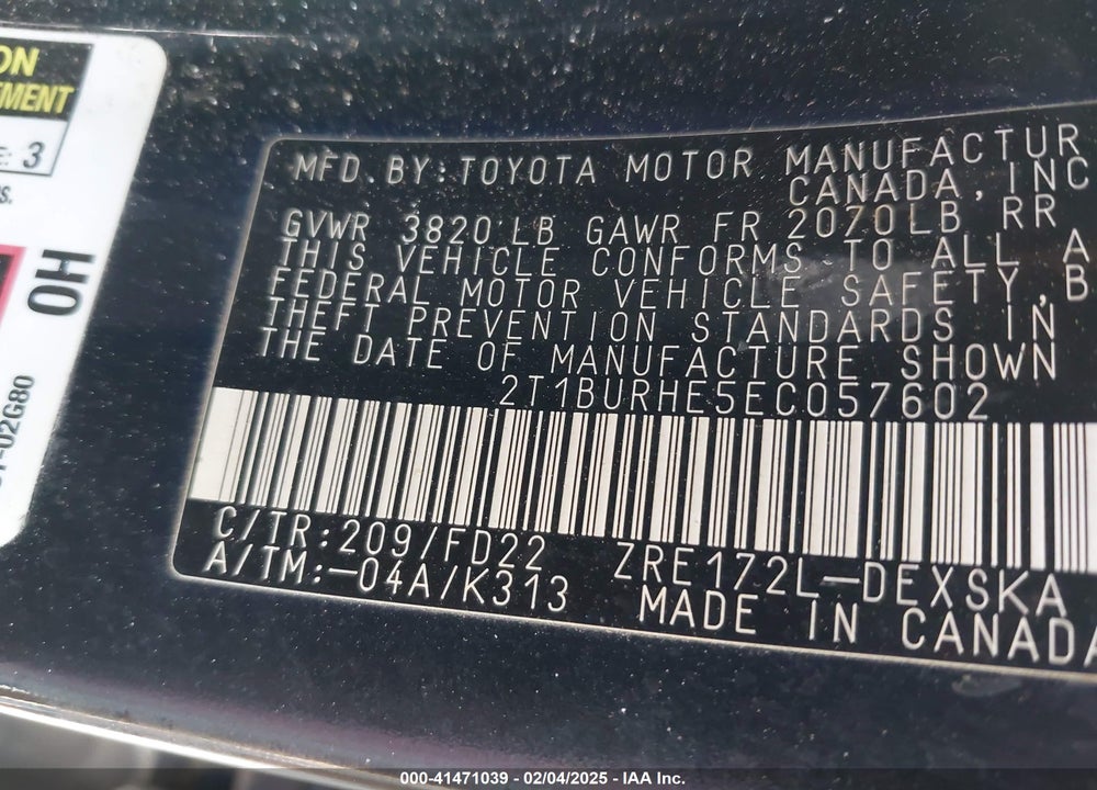2014 TOYOTA COROLLA VIN: 2T1BURHE5EC057602