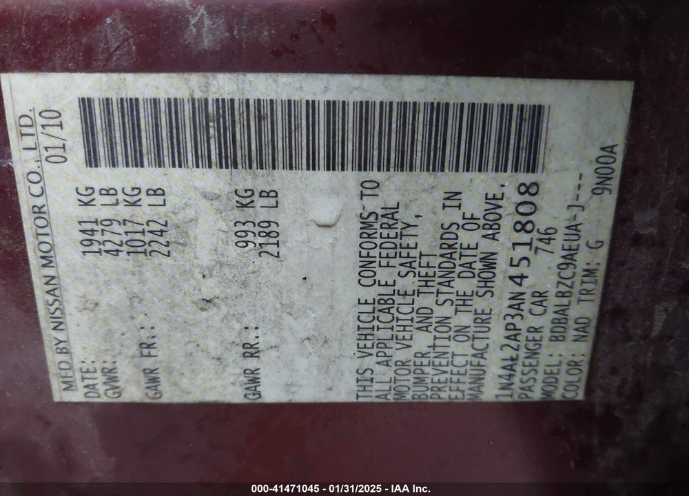 2010 NISSAN ALTIMA VIN: 1N4AL2AP3AN451808