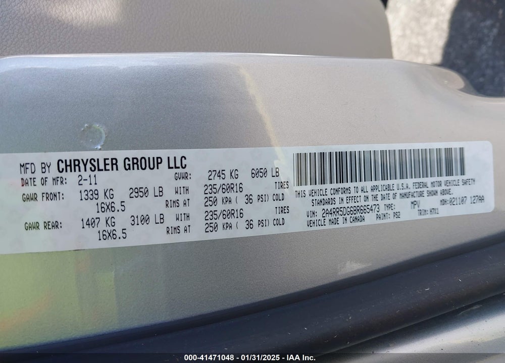2011 CHRYSLER TOWN & COUNTRY TOURING VIN: 2A4RR5DG6BR665473