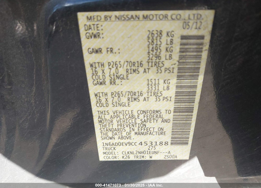 2012 NISSAN FRONTIER VIN: 1N6AD0EV9CC453188