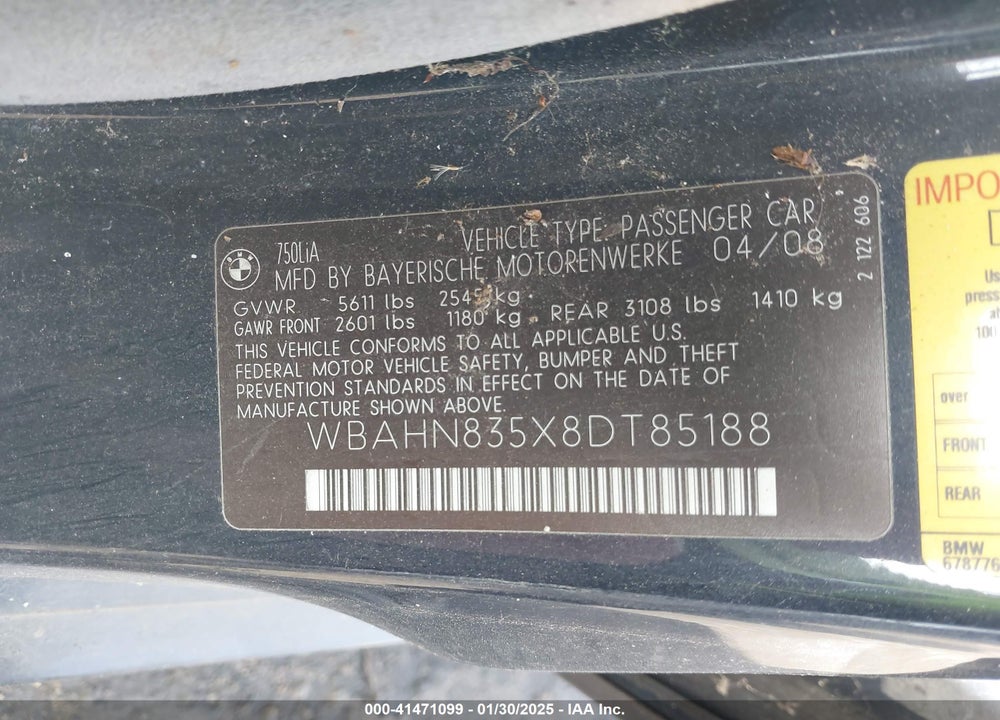 2008 BMW 750LI VIN: WBAHN835X8DT85188