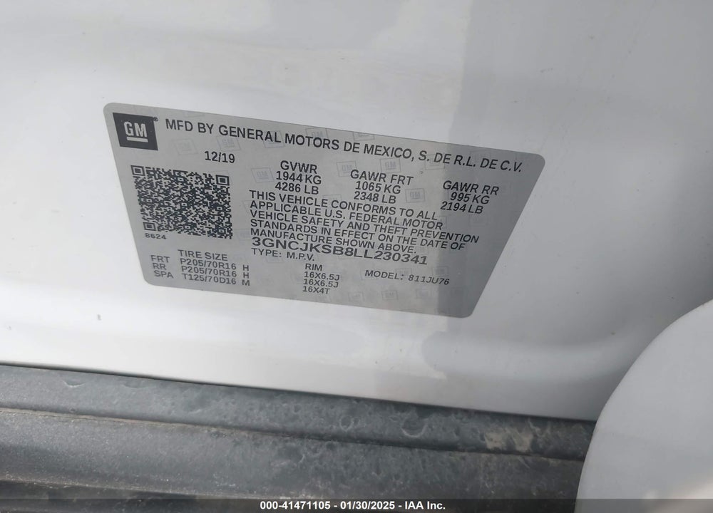 2020 CHEVROLET TRAX FWD LS VIN: 3GNCJKSB8LL230341