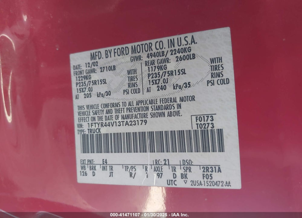 2003 FORD RANGER EDGE/TREMOR/XLT VIN: 1FTYR44V13TA23179