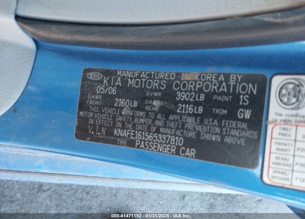 2006 KIA SPECTRA5 VIN: KNAFE161565337810