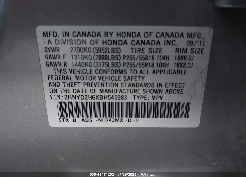 2011 ACURA MDX TECHNOLOGY PACKAGE VIN: 2HNYD2H6XBH545983