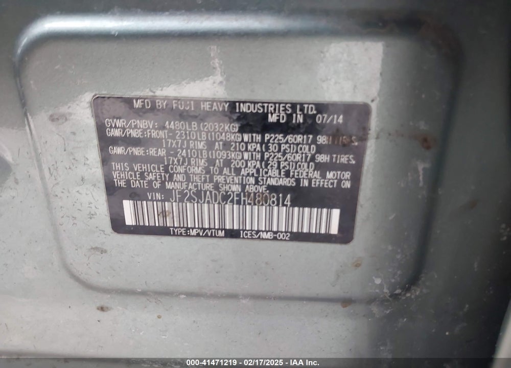 2015 SUBARU FORESTER 2.5I PREMIUM VIN: JF2SJADC2FH480814