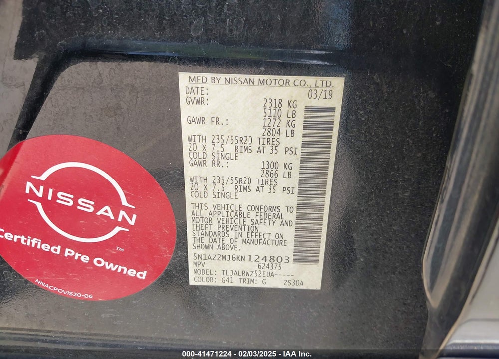 2019 NISSAN MURANO VIN: 5N1AZ2MJ6KN124803