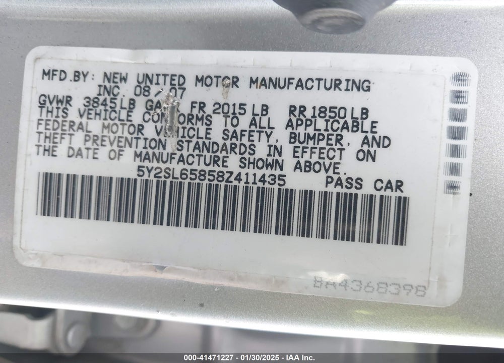 2008 PONTIAC VIBE VIN: 5Y2SL65858Z411435