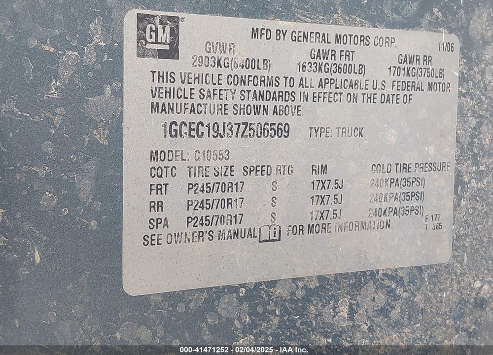 2007 CHEVROLET SILVERADO 1500 LT1 VIN: 1GCEC19J37Z506569