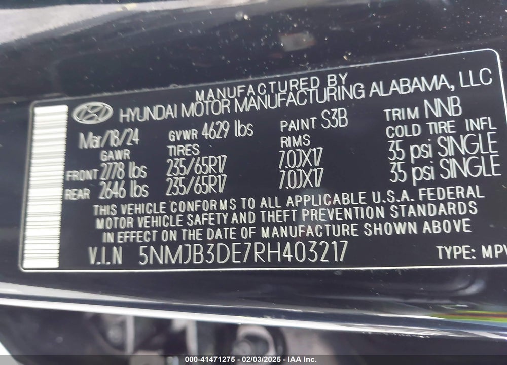 2024 HYUNDAI TUCSON SEL VIN: 5NMJB3DE7RH403217