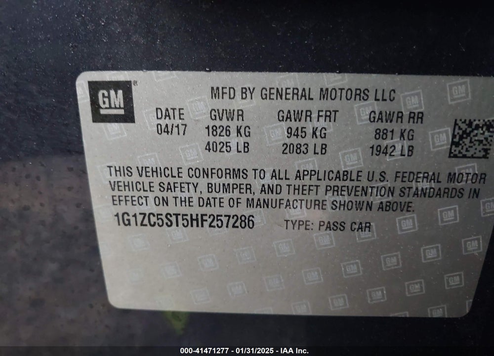 2017 CHEVROLET MALIBU VIN: 1G1ZC5ST5HF257286