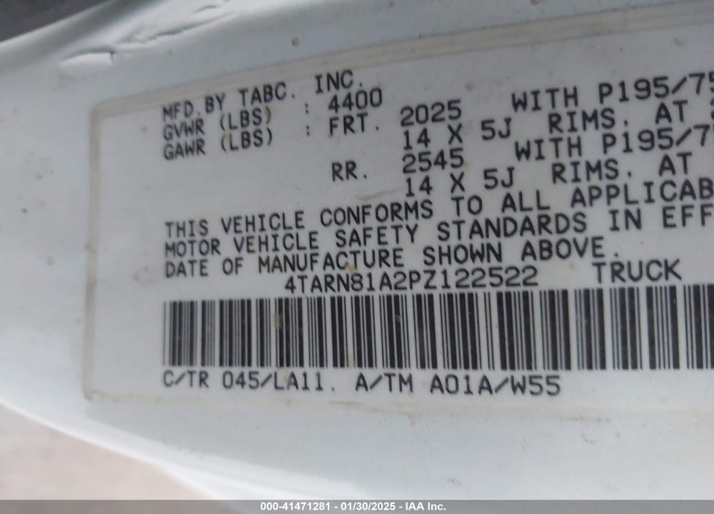 1993 TOYOTA PICKUP VIN: 4TARN81A2PZ122522