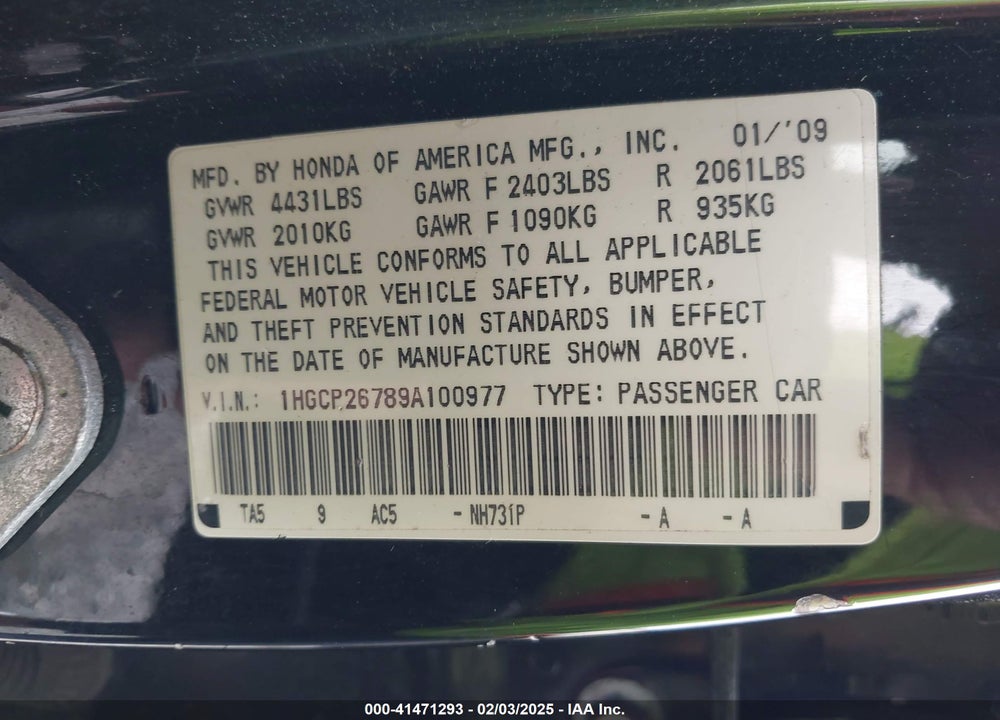 2009 HONDA ACCORD 2.4 EX VIN: 1HGCP26789A100977