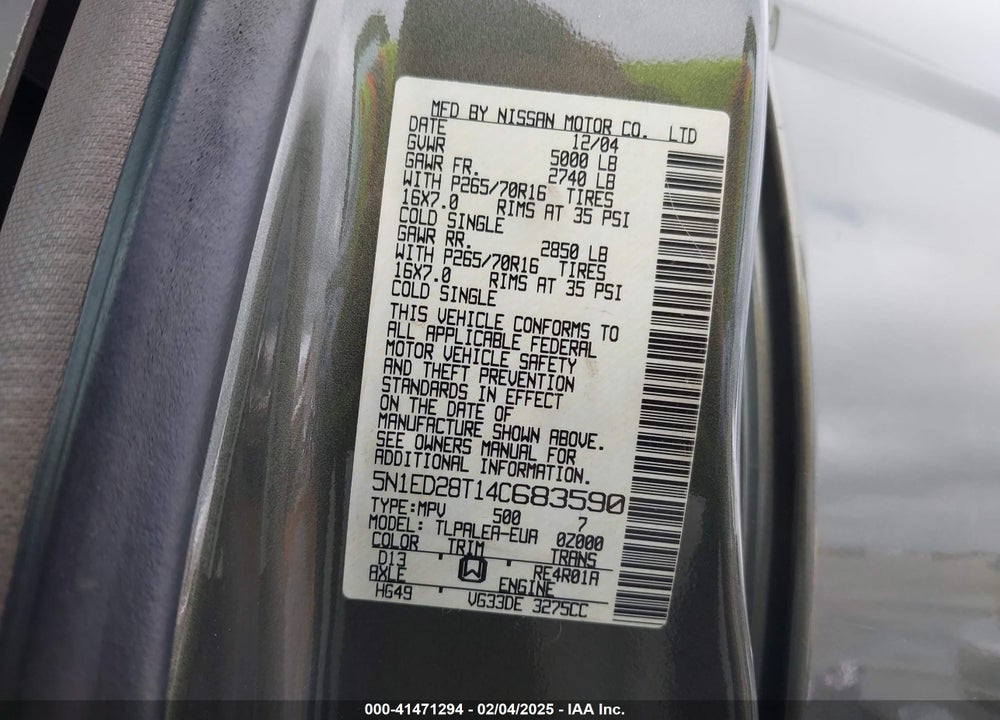 2004 NISSAN XTERRA XE VIN: 5N1ED28T14C683590