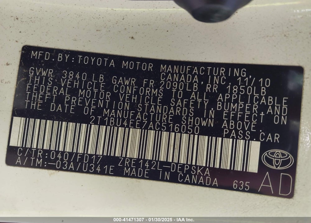 2010 TOYOTA COROLLA S VIN: 2T1BU4EE7AC516050