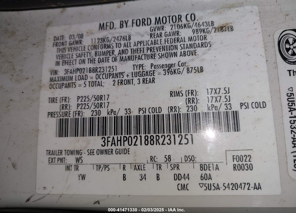 2008 FORD FUSION SEL VIN: 3FAHP02188R231251