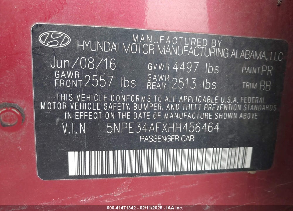 2017 HYUNDAI SONATA VIN: 5NPE34AFXHH456464