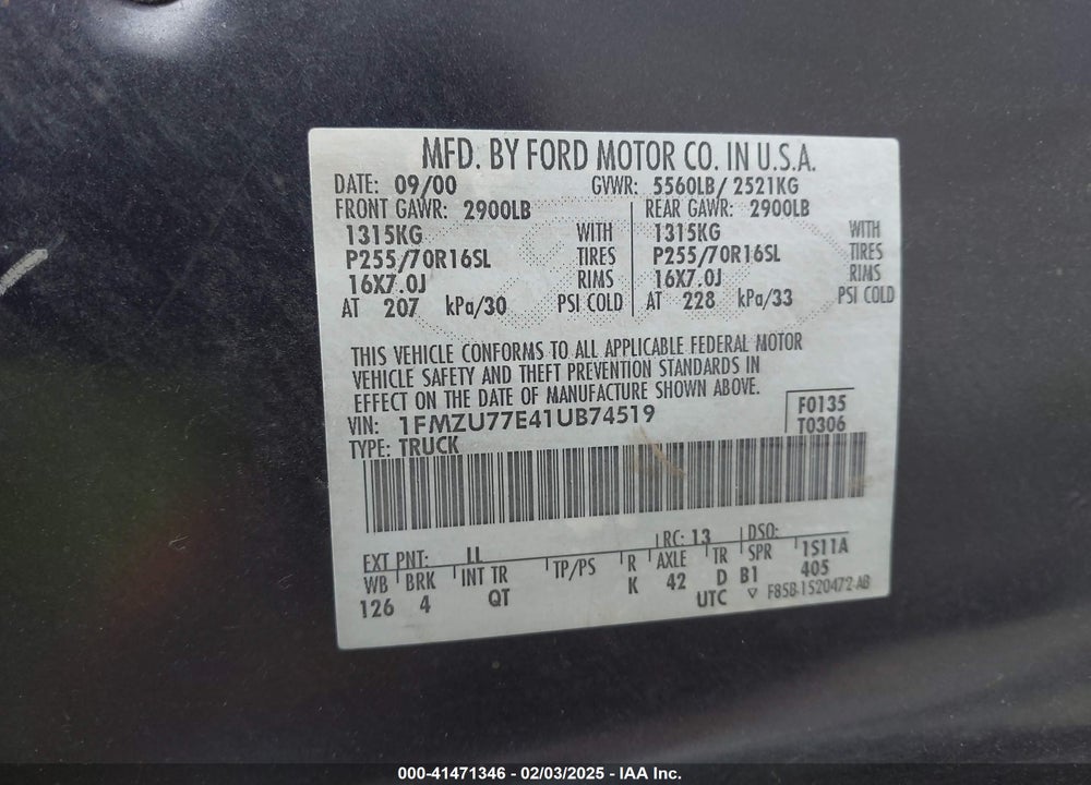 2001 FORD EXPLORER SPORT TRAC VIN: 1FMZU77E41UB74519