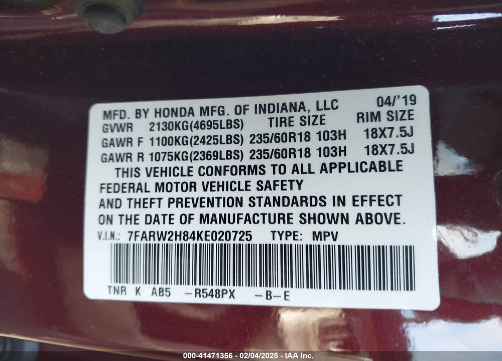 2019 HONDA CR-V VIN: 7FARW2H84KE020725