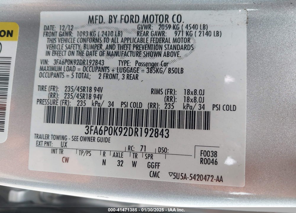 2013 FORD FUSION TITANIUM VIN: 3FA6P0K92DR192843