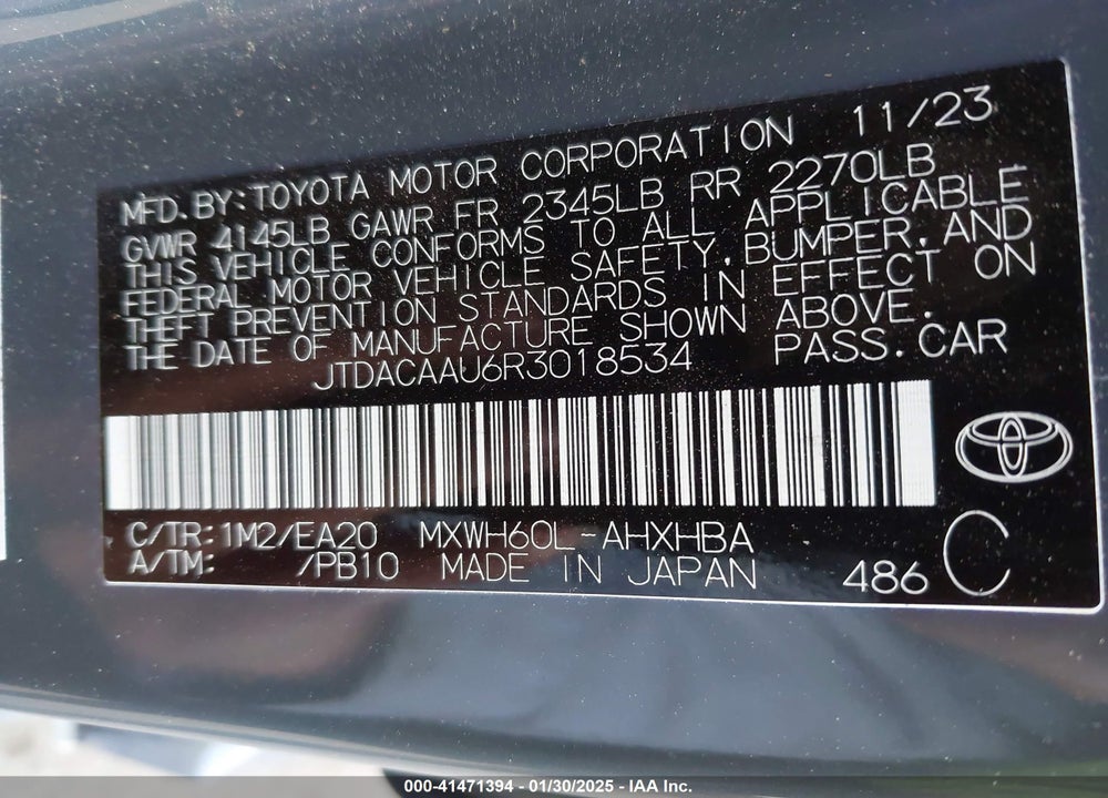 2024 TOYOTA PRIUS VIN: JTDACAAU6R3018534