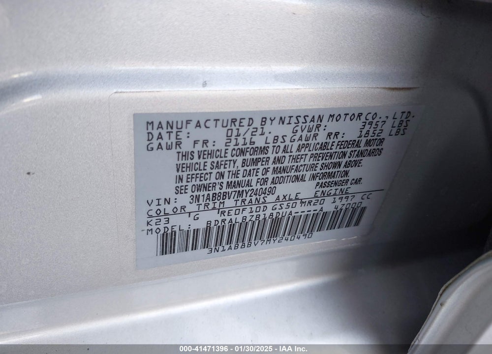 2021 NISSAN SENTRA VIN: 3N1AB8BV7MY240490