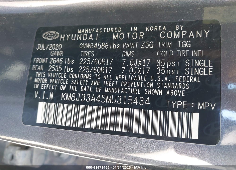 2021 HYUNDAI TUCSON VALUE VIN: KM8J33A45MU315434
