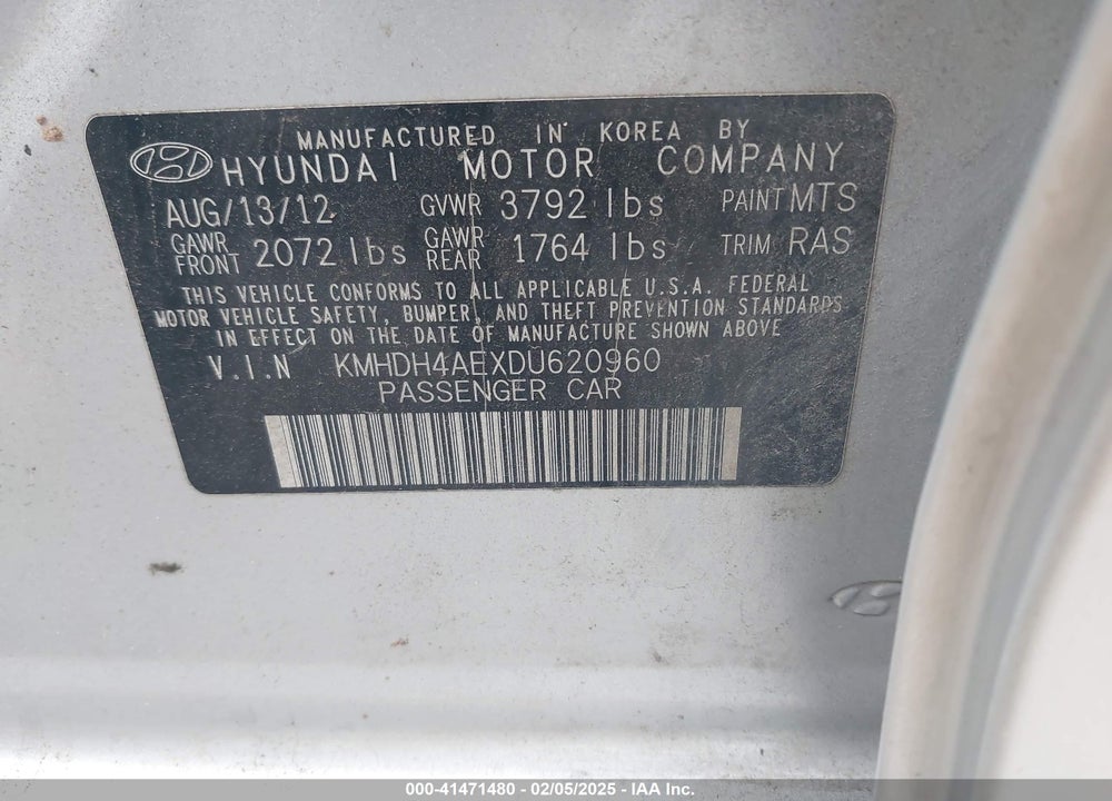 2013 HYUNDAI ELANTRA LIMITED VIN: KMHDH4AEXDU620960