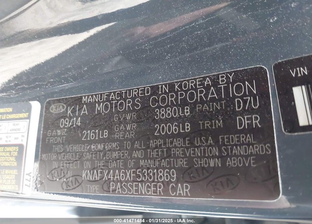 2015 KIA FORTE VIN: KNAFX4A6XF5331869