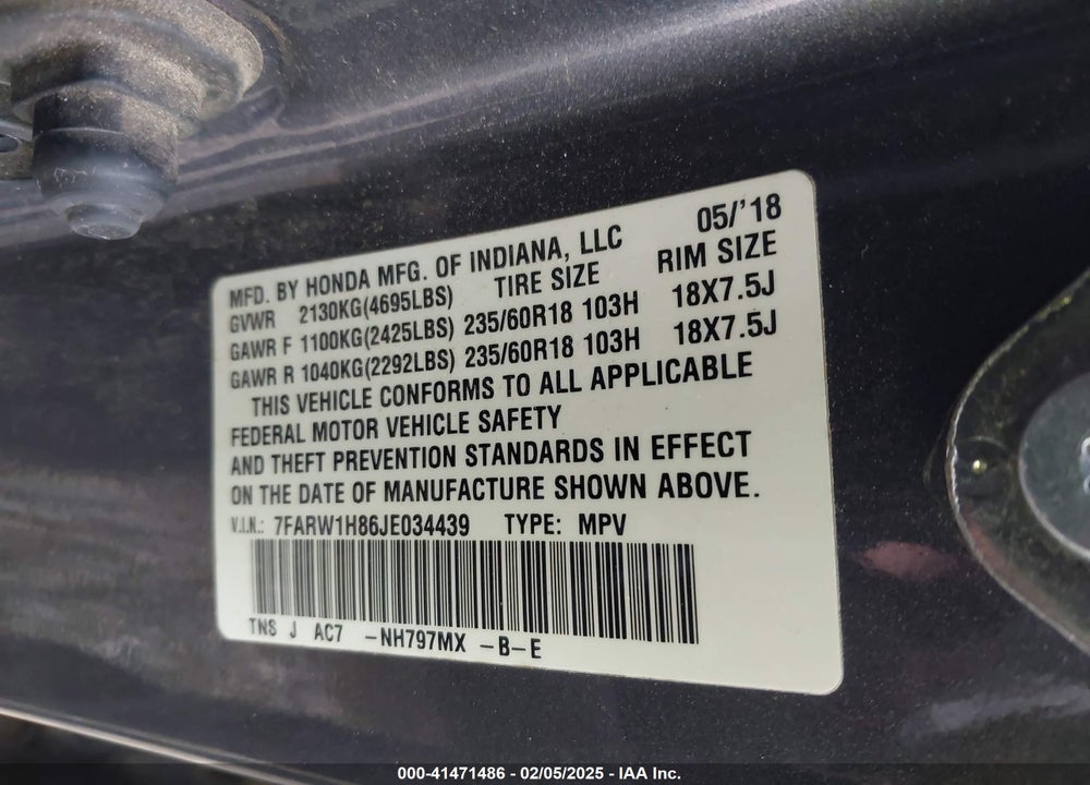 2018 HONDA CR-V EX-L/EX-L NAVI VIN: 7FARW1H86JE034439