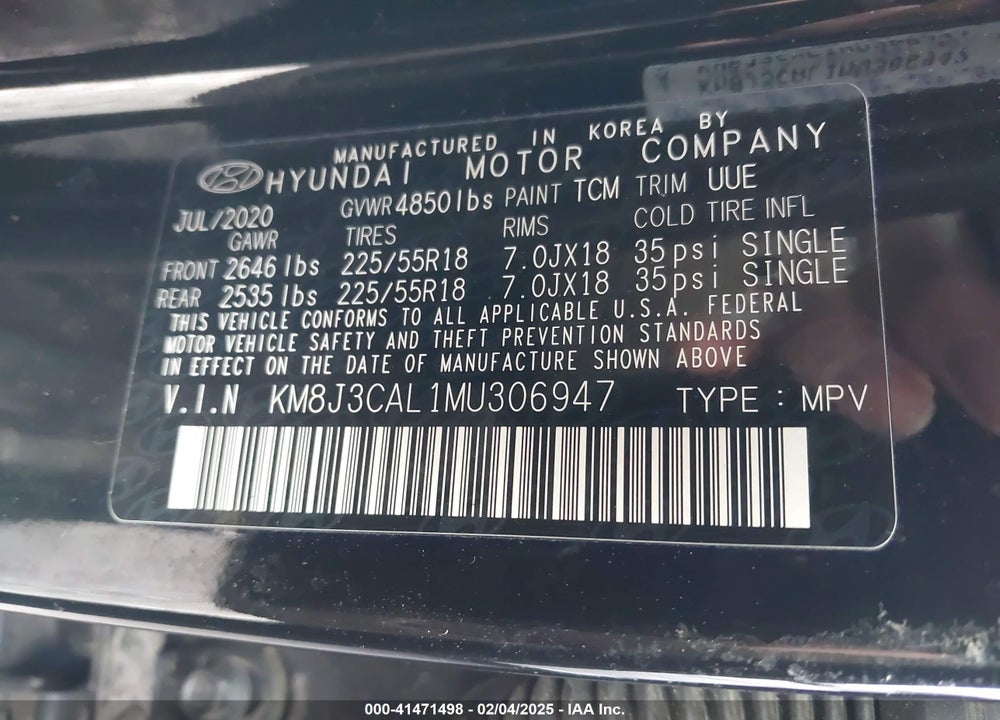 2021 HYUNDAI TUCSON VIN: KM8J3CAL1MU306947
