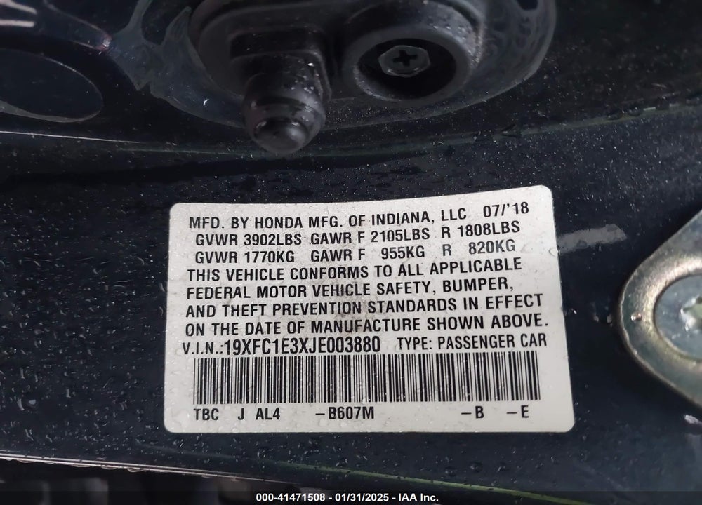 2018 HONDA CIVIC VIN: 19XFC1E3XJE003880