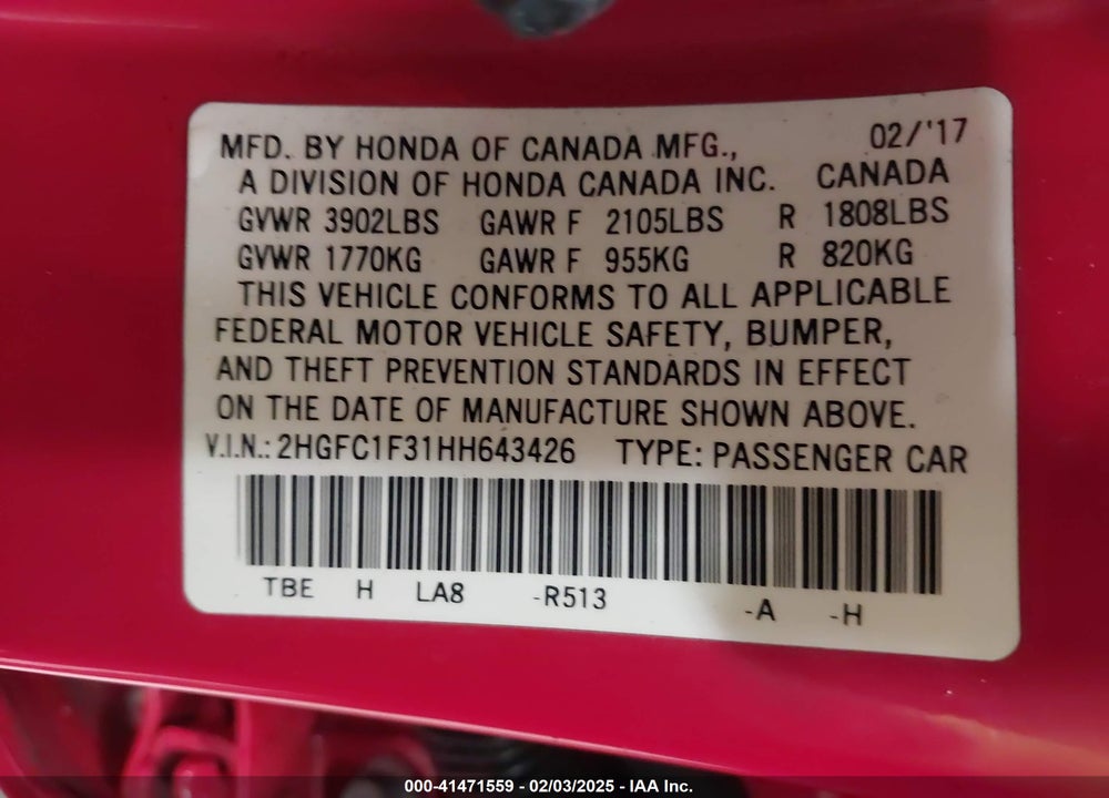 2017 HONDA CIVIC VIN: 2HGFC1F31HH643426