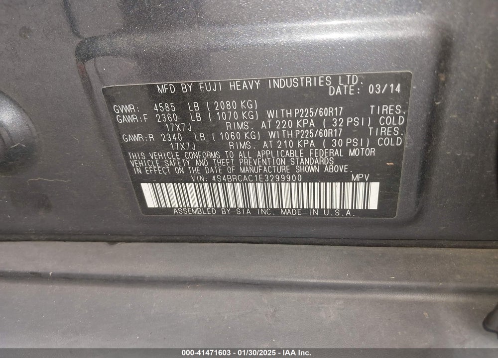 2014 SUBARU OUTBACK 2.5I VIN: 4S4BRCAC1E3299900