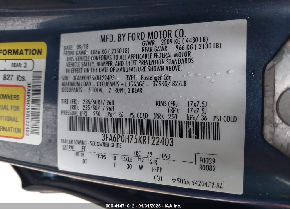 2019 FORD FUSION VIN: 3FA6P0H75KR122403