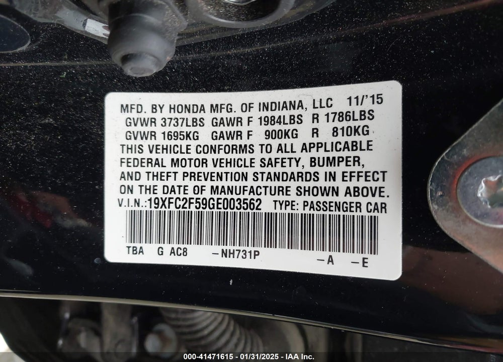 2016 HONDA CIVIC VIN: 19XFC2F59GE003562