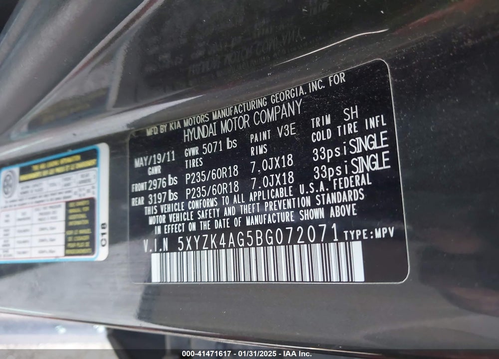 2011 HYUNDAI SANTA FE LIMITED V6 VIN: 5XYZK4AG5BG072071