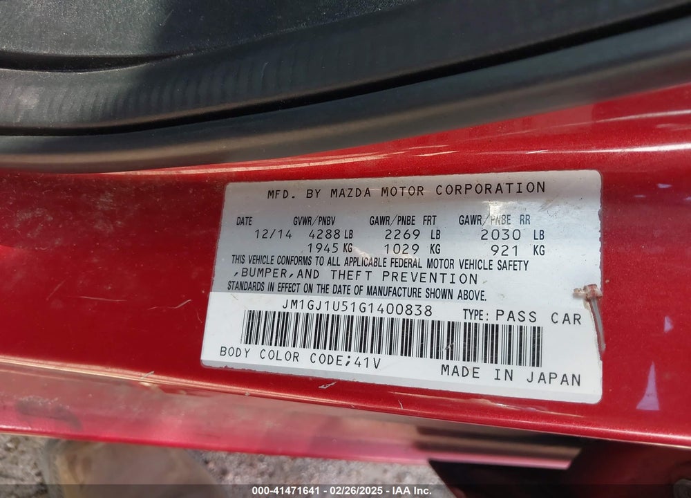 2016 MAZDA 6 I SPORT VIN: JM1GJ1U51G1400838