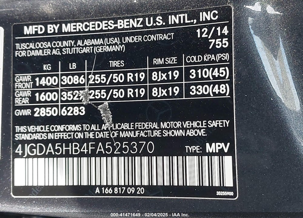 2015 MERCEDES-BENZ ML 350 VIN: 4JGDA5HB4FA525370