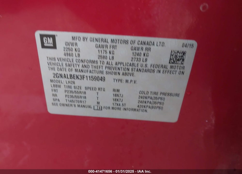 2015 CHEVROLET EQUINOX 1LT VIN: 2GNALBEK3F1159049