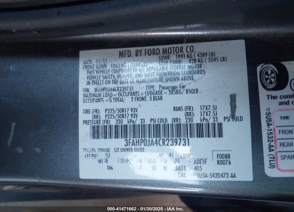 2012 FORD FUSION SEL VIN: 3FAHP0JA4CR239731