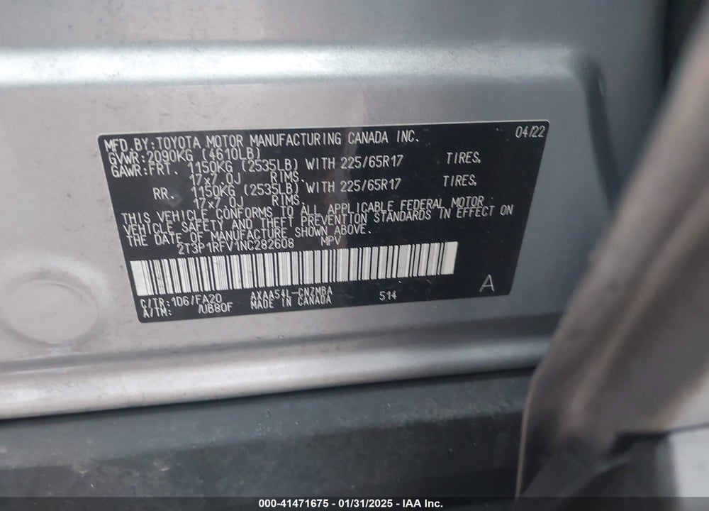 2022 TOYOTA RAV4 VIN: 2T3P1RFV1NC282608