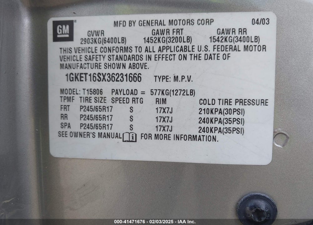2003 GMC ENVOY XL SLT VIN: 1GKET16SX36231666